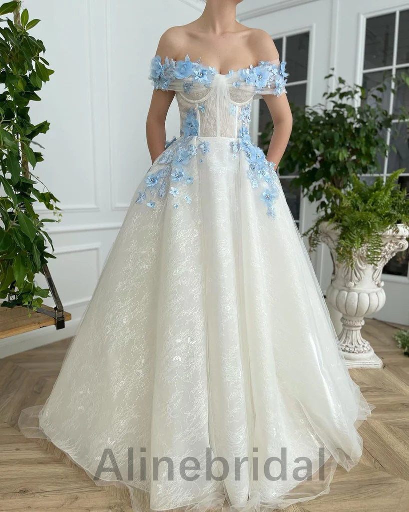 Elegant Off the Shoulder Corset A-line Long Prom Dress with Blue Floral Appliqué , PD3612