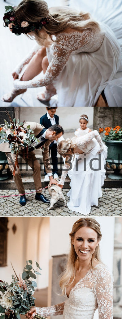 Illusion Lace Long Sleeve V-neck Chiffon A-line Beach Wedding Dresses, AB1573