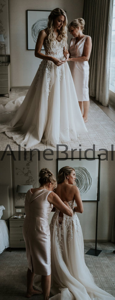 Ivory Lace Applique Tulle Sweetheart Strapless A-line Forest Wedding Dresses, AB1553