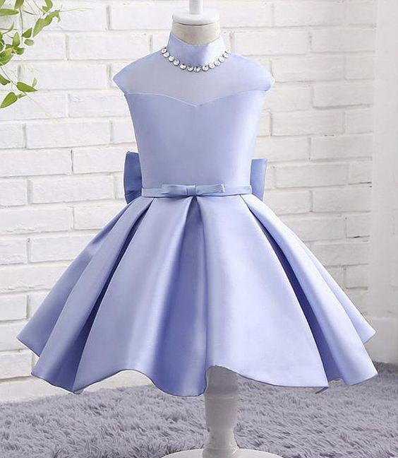 Lavender Satin High Neck See Through Back Bow Knot Simple  Flower Girl Dresses, FGS102