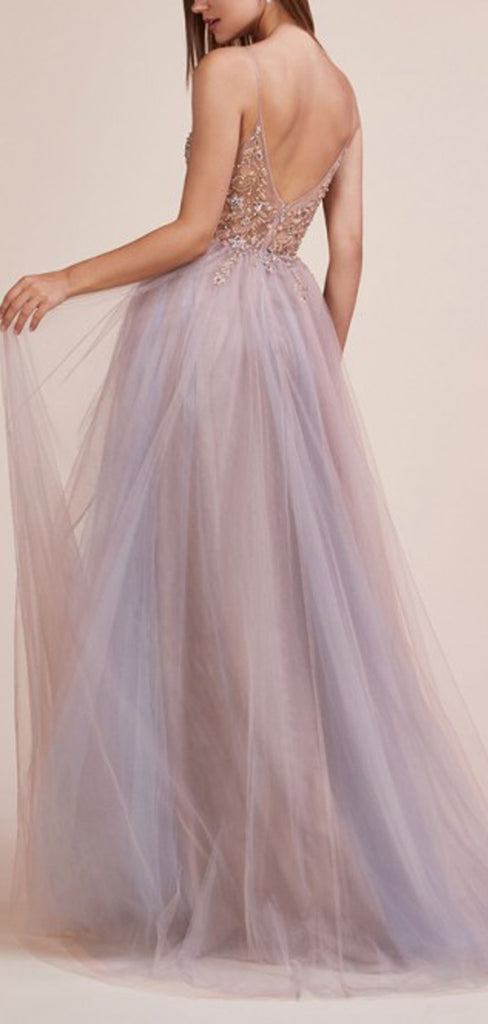 Light Lilac Tulle Beading Illusion V-neck Sexy Prom Dresses,PD00366