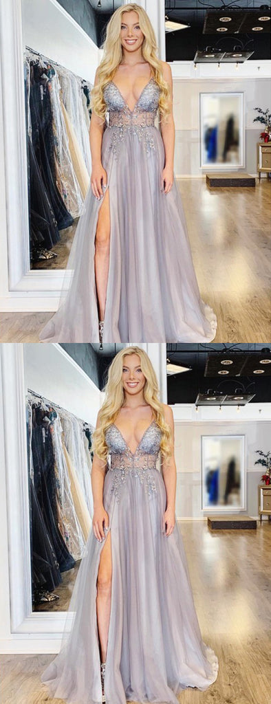 Light Lilac Tulle Beading Illusion V-neck Sexy Prom Dresses,PD00366