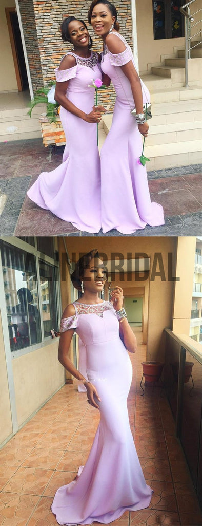 Light Pink Satin Beading Illusion Neckline Mermaid Bridesmaid Dresses, AB4012