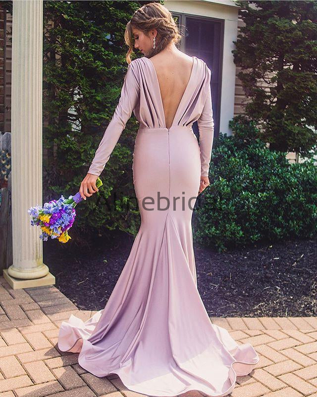 Lilac Long Sleeve V-neck Mermaid Bridesmaid Dresses, AB4056