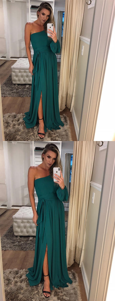 Elegant One Shoulder Long Sleeve Teal Chiffon Prom Dresses,PD00343