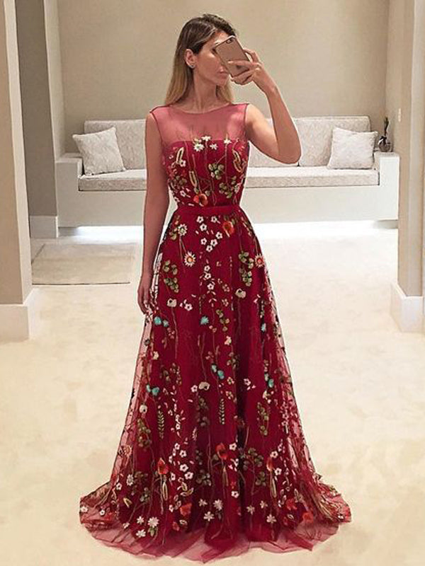 Popular Dark Red Floral Embroidery Sleeveless A-line Long  Prom Dresses ,PD00087
