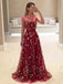 Popular Dark Red Floral Embroidery Sleeveless A-line Long  Prom Dresses ,PD00087