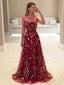 Popular Dark Red Floral Embroidery Sleeveless A-line Long  Prom Dresses ,PD00087