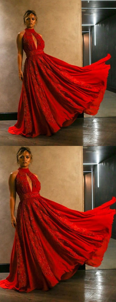 Red Lace Applique High Neck Halter A-line Prom Dresses,PD00330