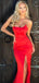 Red Satin Strapless Simple Silt Long Prom Dresses ,PD00169