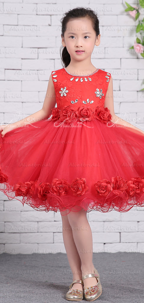 Red Tulle Rhinestone Applique Handmade Flower Girl Dresses, FGS136