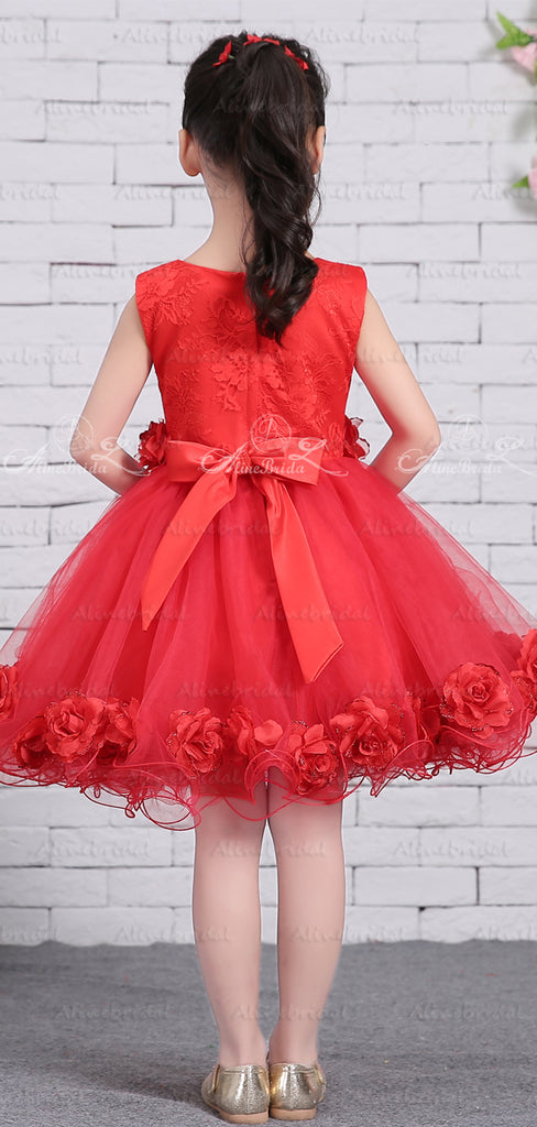 Red Tulle Rhinestone Applique Handmade Flower Girl Dresses, FGS136