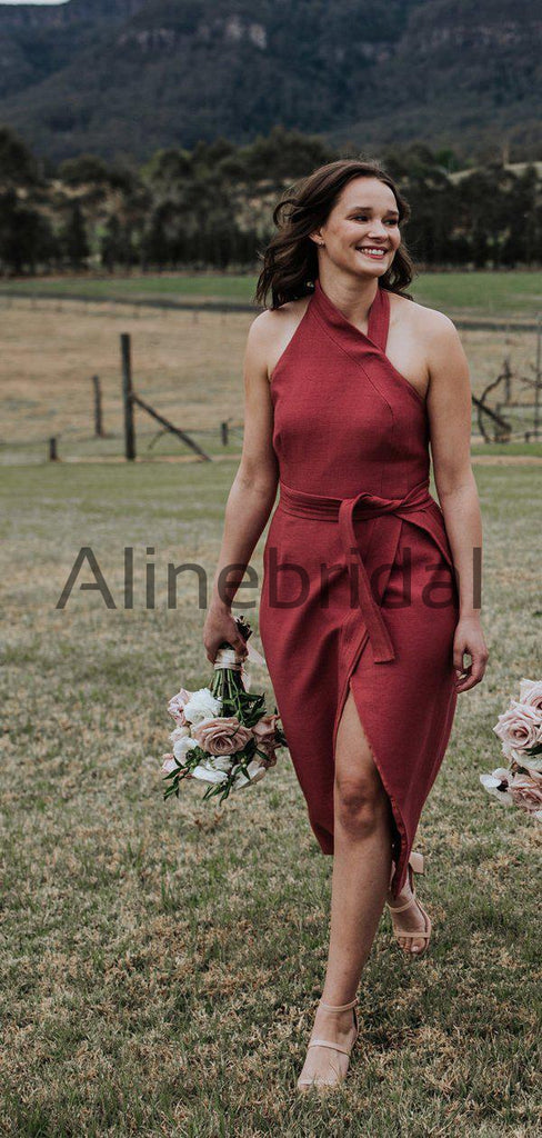 Rust Red Satin Unique Halter Tea Length Bridesmaid Dresses , AB4104
