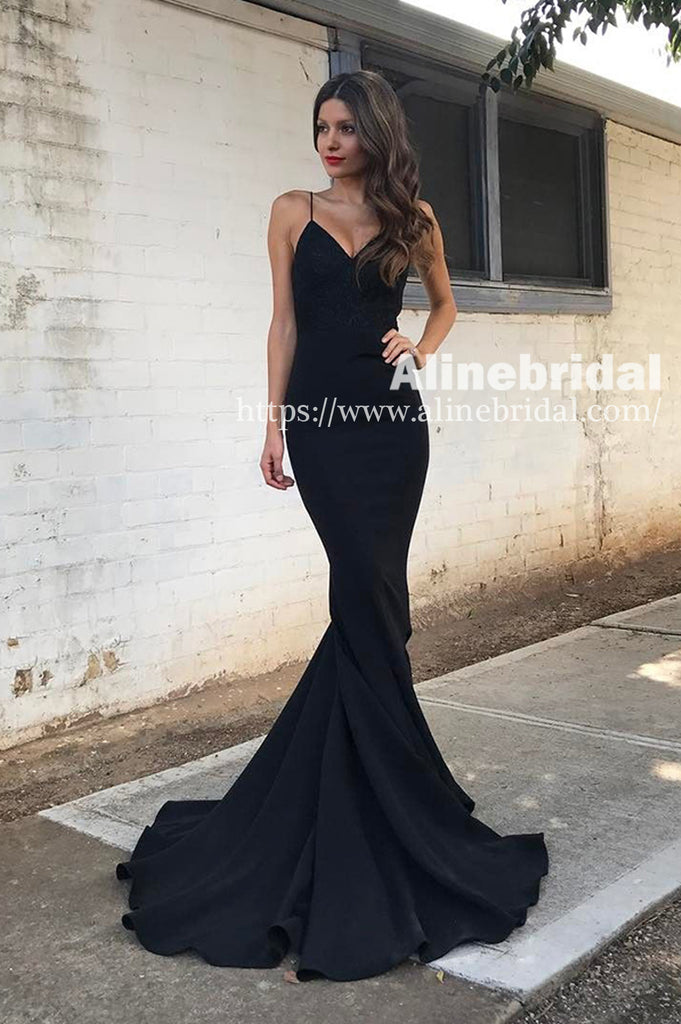 Simple Cheap Spaghetti Strap Black Mermaid Formal Party Prom Dresses ,PD00097