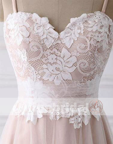 Simple Lace Top Light Pink Tulle Spaghetti Strap A-line Wedding Dresses, AB1147