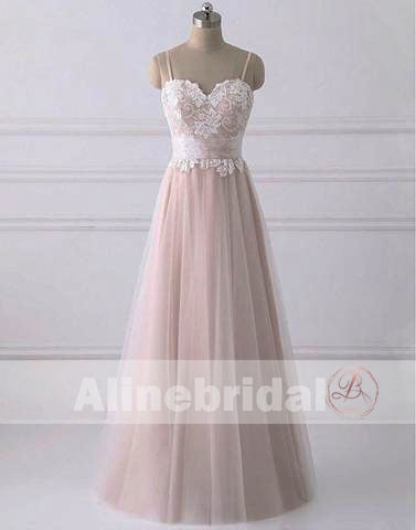 Simple Lace Top Light Pink Tulle Spaghetti Strap A-line Wedding Dresses, AB1147