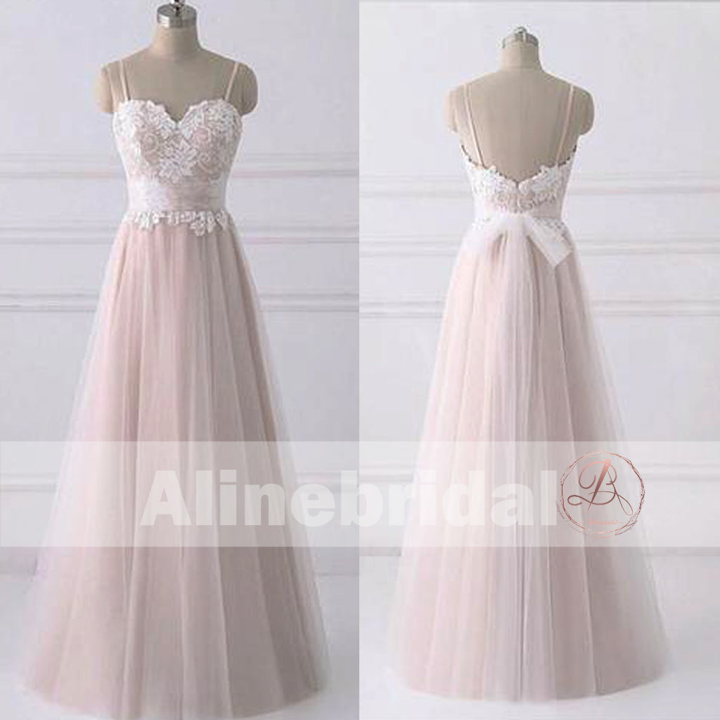 Simple Lace Top Light Pink Tulle Spaghetti Strap A-line Wedding Dresses, AB1147