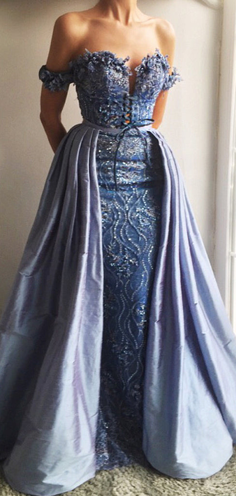 Sky Blue Lace Applique Off Shoulder Detachable Over-skirt Prom Dresses,PD00162