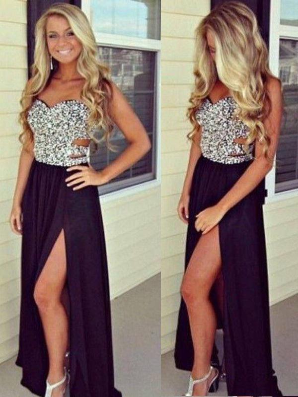 Silver Sleeveless Side Slit Black Evening Party Prom Dress,PD0047