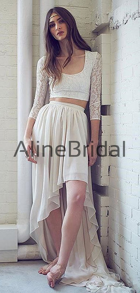 Two Piece Ivory Lace Chiffon High Low Boho Beach Wedding Dresses , AB1534