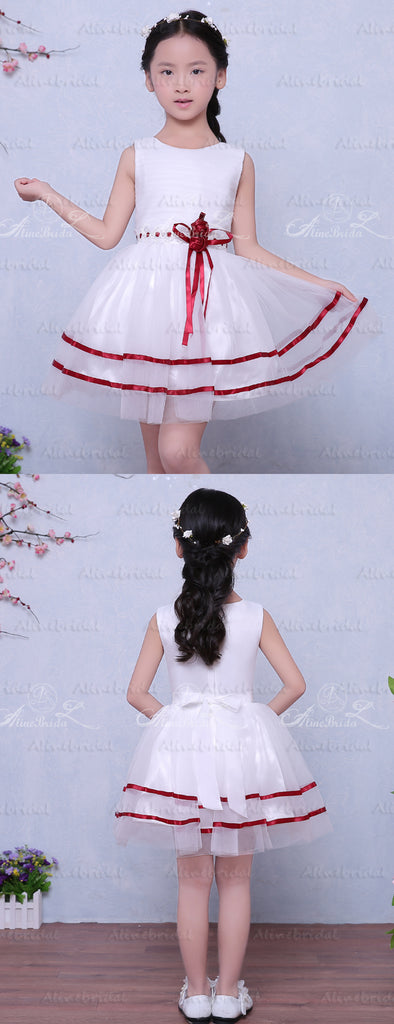 White Organza Red Satin Belt Cheap Simple Flower Girl Dresses , FGS123