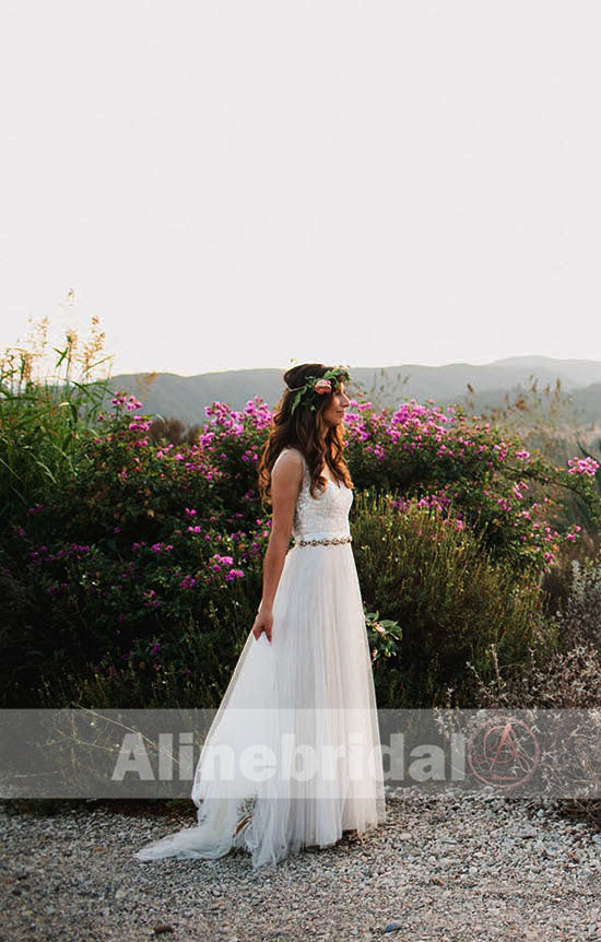 Beaded sleeveless Ivory Tulle Shinning Bling A-line Wedding Dresses, AB1140