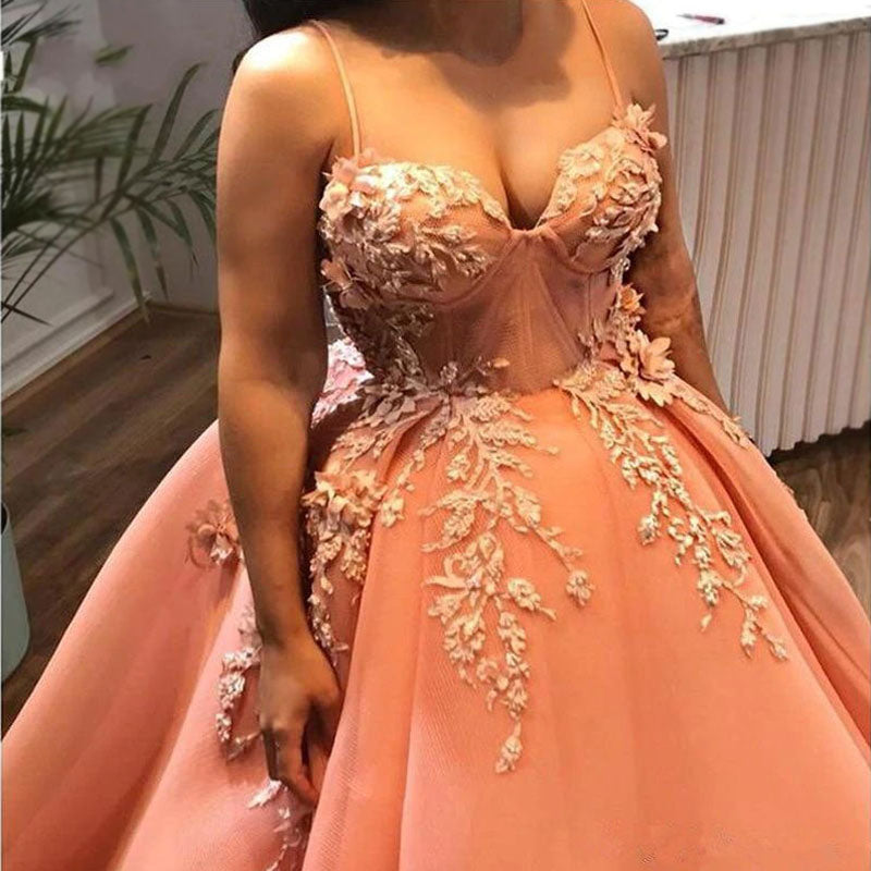 Charming Coral Spaghetti Strap Sweetheart Floral Lace Top A-line Long Prom Dress, PD3169