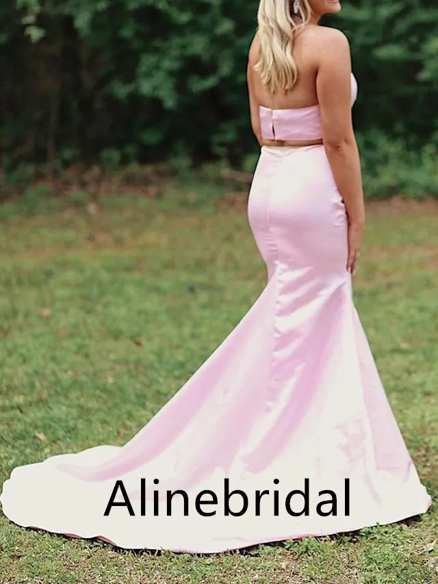 Elegant Pink Halter Sleeveless Two-pieces Mermaid Long Prom Dress, PD3527