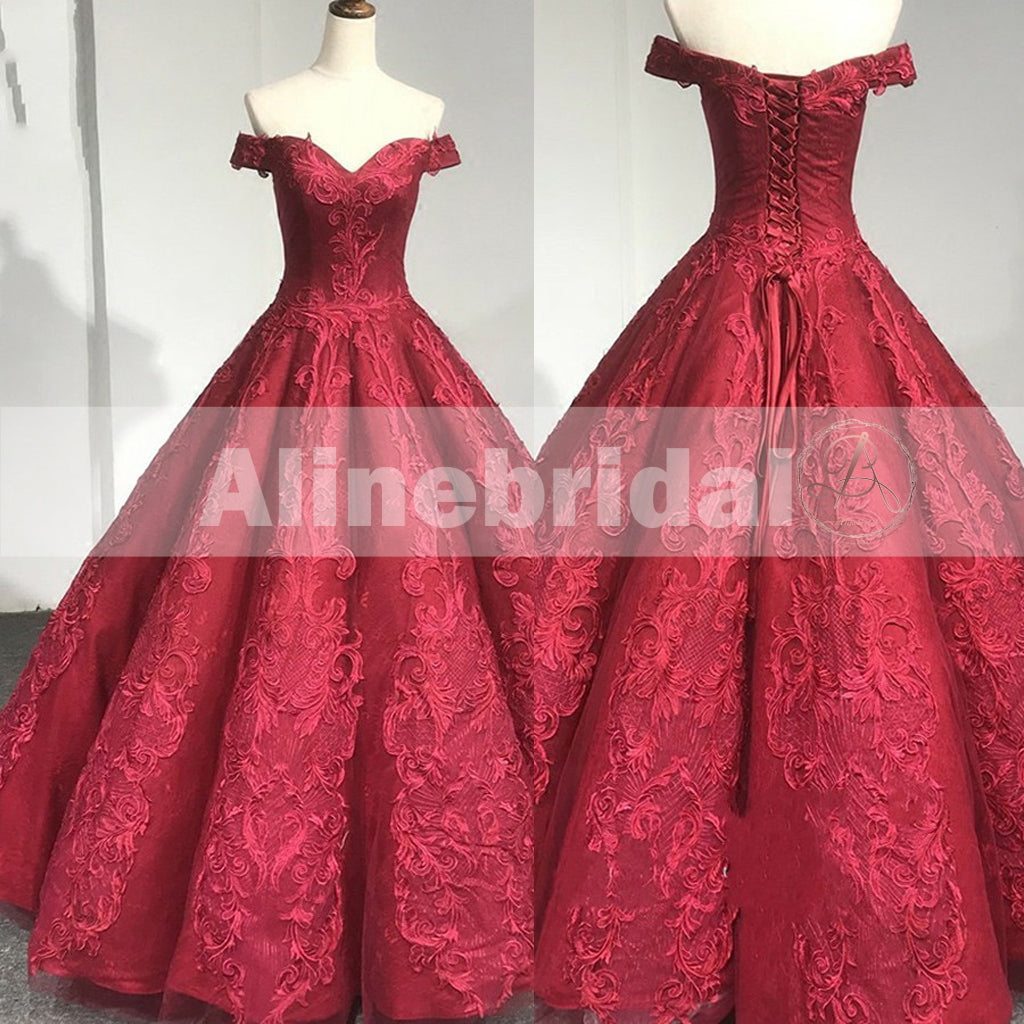 Red Lace Off The Shoulder Princess Ball Gown Gorgeous Prom Dresses ,PD00093