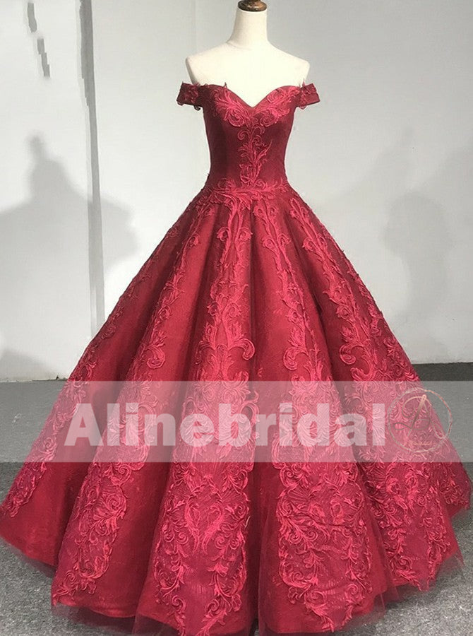 Red Lace Off The Shoulder Princess Ball Gown Gorgeous Prom Dresses ,PD00093