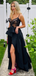 Sexy Black Lace V-neck Spaghetti Strap Long Prom Dress with Slit, PD3090