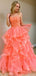 Sexy Hot Pink Coral Spaghetti Strap Backless Lace Top Ruffle Long Prom Dress, PD3170