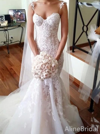 Gorgeous Sweetheart Spaghetti Strap Mermaid Long Lace Wedding Dresses,WD3091
