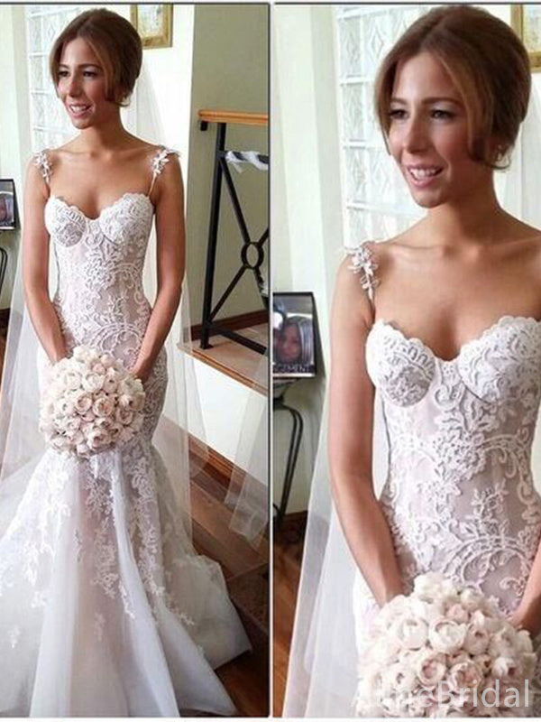 Gorgeous Sweetheart Spaghetti Strap Mermaid Long Wedding Dresses,WD3091