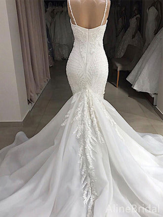 Elegant V-neck Spaghetti Strap Mermaid Long Wedding Dresses with Train,WD3092