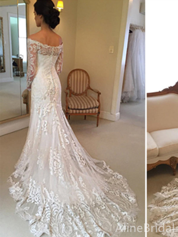 Gorgeous V-neck Off-Shoulder Long Sleeves Mermaid Long Wedding Dresses,WD3096