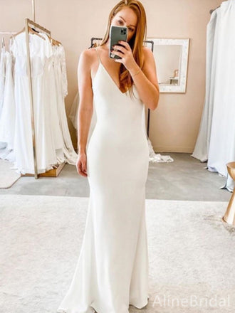 Elegant V-neck Spaghetti Strap Mermaid Long Wedding Dresses, WD3098