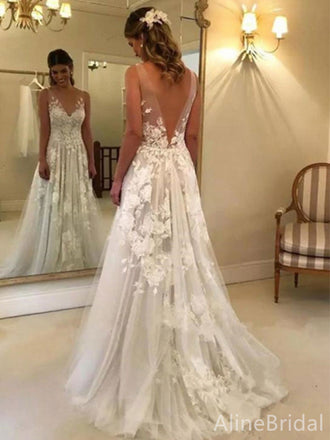 Gorgeous V-neck Lace Appliques A-line Long Wedding Dresses, WD3107