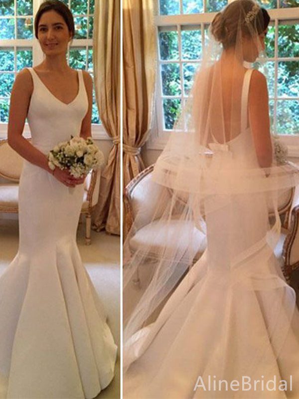 Elegant  V-neck Straps Mermaid Long Wedding Dresses,WD3108