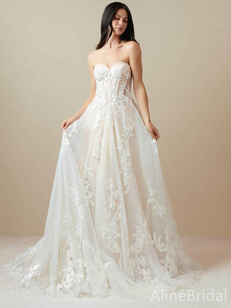 Romantic Sweatheart Strapless Lace A-line Long Wedding Dresses,WD3071