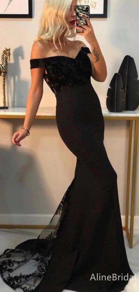 Sexy Black V-neck Off-Shoulder Mermaid Long Prom Dress,PD38071