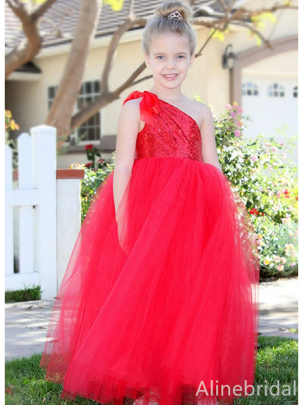 Sparkly Red One Shoulder A-line Long Flower Girl Dresses, FGS164