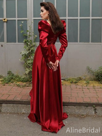 Elegant Red Square Long Sleeves A-line Long Prom Dress,PD38119