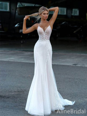 Elegant V-neck Spaghetti Strap Mermaid Long Wedding Dresses, WD3073
