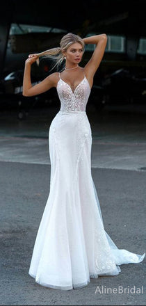 Elegant V-neck Spaghetti Strap Mermaid Long Wedding Dresses, WD3073