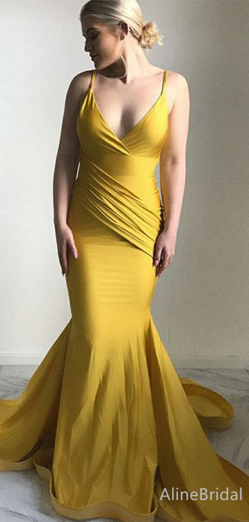 Simple V-neck Spaghetti Strap Mermaid Long Prom Dress,PD38160