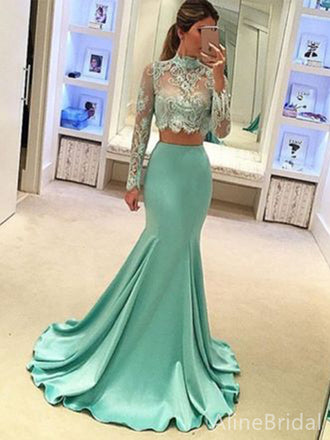 Gorgeous Teal Lace Long Sleeves Mermaid Long Prom Dress, PD38161