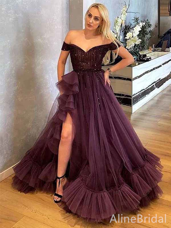 Sparkly V-neck Off-Shoulder A-line Long Prom Dress,PD38166