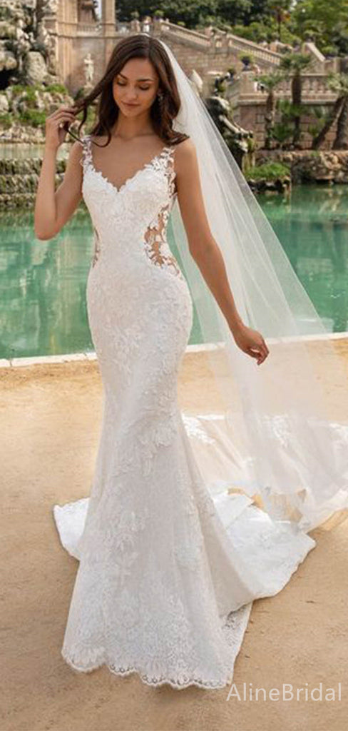 Elegant V-neck Spaghetti Strap Mermaid Long Wedding Dresses,WD3074