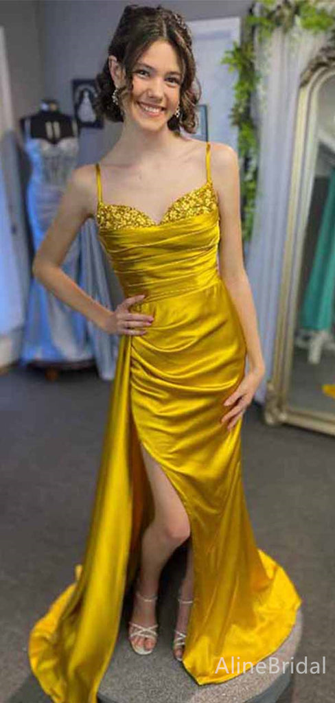 Elegant V-neck Spaghetti Strap Split Side Mermaid Long Prom Dress,PD38172